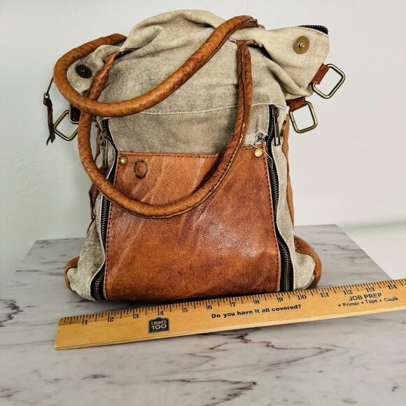 Mona B Tan Canvas And Leather Satchel Shoulder Bag - Picture 4 of 10